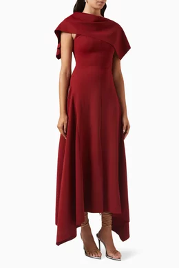 Buy CHATS by C.DAM Red Gathered Asymmetrical Midi Dress in Double-jersey  For Women Online | Ounass Oman