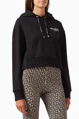 Buy Balmain Black Flocked Logo Crop Hoodie in Cotton For Women