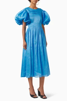 Buy Aje Blue Sylvia Pintuck Midi Dress in Linen For Women Online | Ounass  Oman