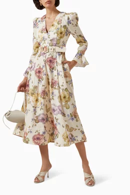 knee length dresses for ladies Zimmermann Cream Luminosity Liftoff Flower Midi Dress OP