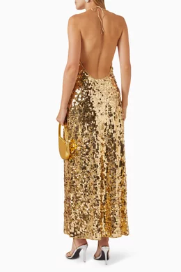 Buy Oseree Gold Halterneck Maxi Dress in Sequins For Women Online | Ounass  Oman