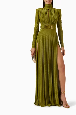 Buy Elisabetta Franchi Green Pleated High-neck Maxi Dress in Lurex For  Women Online | Ounass Oman