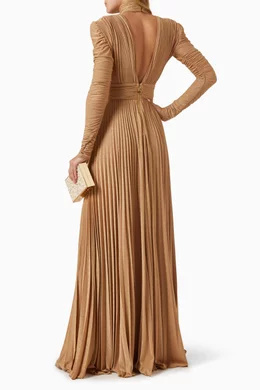 Buy Elisabetta Franchi Brown Pleated High-neck Maxi Dress in Lurex For  Women Online | Ounass Oman