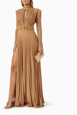 Buy Elisabetta Franchi Brown Pleated High-neck Maxi Dress in Lurex For  Women Online | Ounass Oman