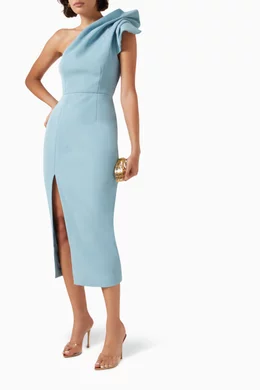 rebecca vallance carline one shoulder dress Chloe Gown  ABC Hire 148cm May is 58/173cm and wears a UK size 8 Looking to try on our Wedding Collection Rebecca Vallance Chloe One-Shoulder Ruffled