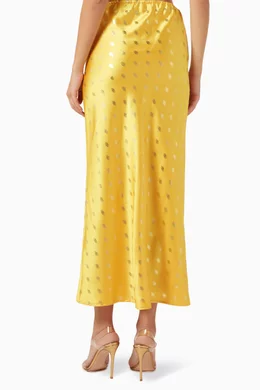 green emerald velvet dress Never Fully Dressed Jaspre Plisse Midi Skirt in Gold main image 0