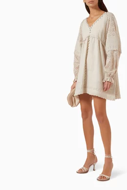 chinese dress ladies HATTIE LINEN RAMIE EMBROIDERY MINI SMOCK SHIRT DRESS - WHITE / NAVY