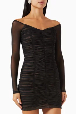 good american mesh ruched mini dress Black Ruched Dress - Black Mesh Dress - Long Sleeve Mini Dress