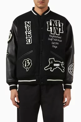 Buy Neighborhood Black Stadium Jacket in Wool & Leather For Men