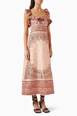 Buy Zimmermann Pink Matchmaker Frilled Midi Dress in Linen For Women Online  | Ounass Oman