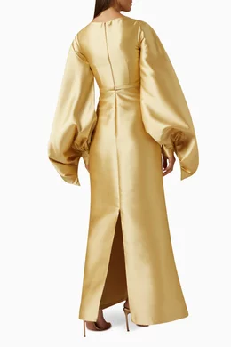 slim fit dress slacks Shine Gold Balloon Sleeve Glittery Midi Length Chiffon Dress  Rim Zim  Fashion