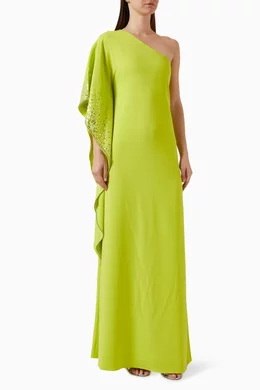 Buy Marchesa Notte Green One Shoulder Kaftan in Crpe For Women Online |  Ounass Oman