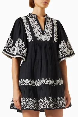sachin and babi light blue dress Sea Katharine Guipure Lace-trimmed Embroidered Linen And Cotton-blend Midi  Dress In Ecru