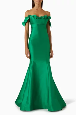 Buy Nicole Bakti Green Off-shoulder Mermaid Gown in Mikado For Women Online  | Ounass Oman