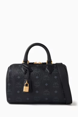 Buy MCM Black Small Boston Bag in Visetos Canvas For Women Online