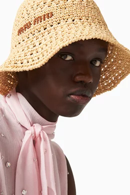 Buy Miu Miu Neutral Logo-embroidered Bucket Hat in Raffia  display picture 3