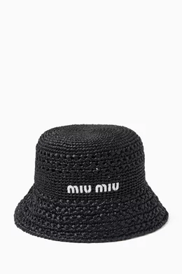 Buy Miu Miu Black Logo-embroidered Bucket Hat in Raffia For  display picture 3