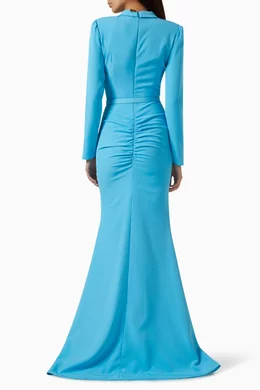 huda blue dress Buy Rhea Costa V-neck Maxi in Crêpe For Women Online Size:US8/AU12 1940S Black Sheer Nylon sweetheart neck Dress Navy blue Sculpted silhouette designed to