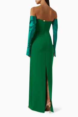 rhea costa green dress Rhea Costa Draped Taffeta And Crepe Gown In Green