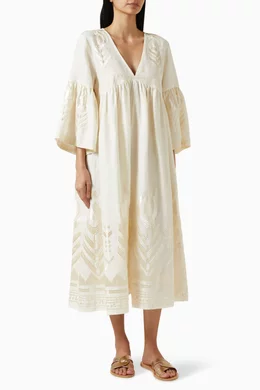 chinese dress ladies GREEK ARCHAIC KORI 25- FEATHER LINEN STRAP DRESS- BEIGE/GOLD – House of  Nicholetta main image 1