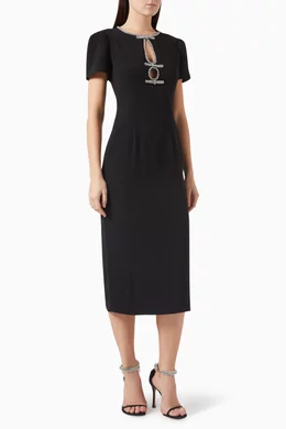 knee length dresses for ladies Diamante Trim Wool Silk Midi Dress in Black – Roland Mouret main image 0