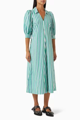 Buy Ganni Green Striped Collar Midi Dress in Cotton-poplin For Women Online  | Ounass Oman