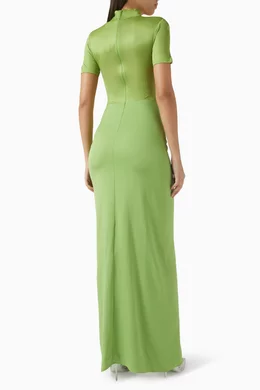 green emerald velvet dress Choker-Style Halter Neck Fusion Gown with Metallic Finish  ODHNI