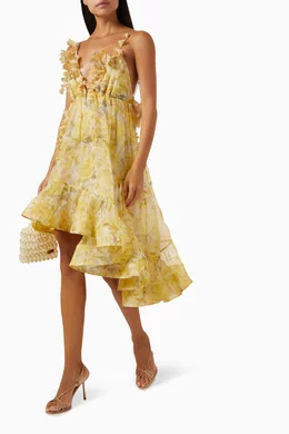 Buy Zimmermann Yellow Harmony Asymmetrical Dress in Silk For Women Online