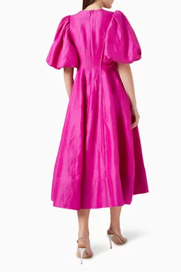aje purple linen dress Adelie Puff Sleeve Midi Dress-PLUM PURPLE / 4