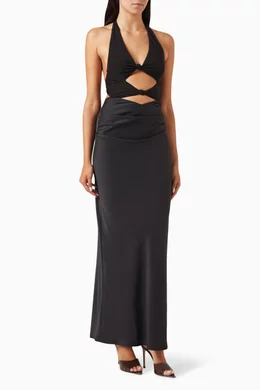 halter neck beige dress Kasi Sheer Panel Halter Maxi Dress Butter