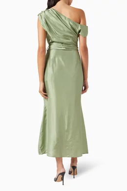 slim fit dress slacks Elliatt Planetary Asymmetric Shoulder Bubble Sleeve Jacquard Maxi Dress