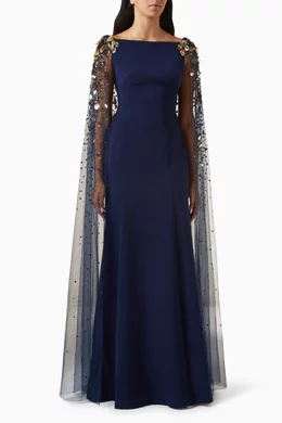 Buy Jenny Packham Blue Bittersweet Beaded Cape Gown in Crepe For Women  Online | Ounass Oman