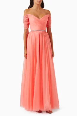 Buy Jenny Packham Pink Zinnia Off-shoulder Gown in Tulle For Women