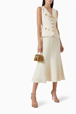 Buy Self-Portrait Neutral Embellished-button Midi Dress in Linen-blend For  Women Online | Ounass Oman