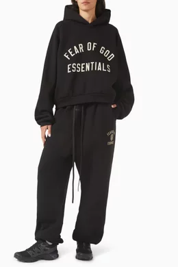 Buy Fear of God Essentials Black Logo Cropped Hoodie in Cotton
