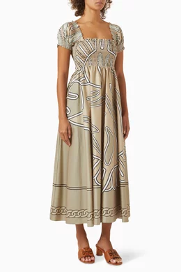 Buy Tory Burch Green Printed Smocked Dress in Cotton-blend