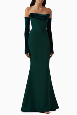 Buy Rhea Costa Green Raven Velvet-trim Maxi Dress in Stretch-crepe For  Women Online | Ounass Oman