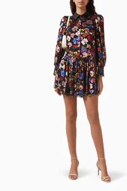 alice and olivia bertha mini shirt dress Alice + Olivia Bertha Puff Sleeve Mini Shirt Dress Floral Print M