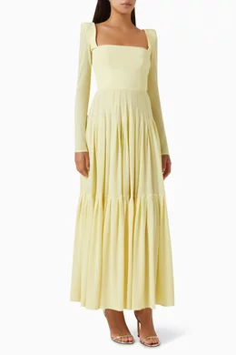 knee length dresses for ladies Berylove Women Yellow Long Sleeve Work Dress Sheath Midi Business Casual Dress with Ruffles, Yellow / US8