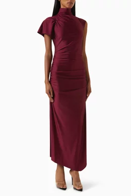 de la vali burgundy dress AGUA MAXI DRESS IN MAROON CRINKLE CHIFFON  DE LA VALI OFFICIAL