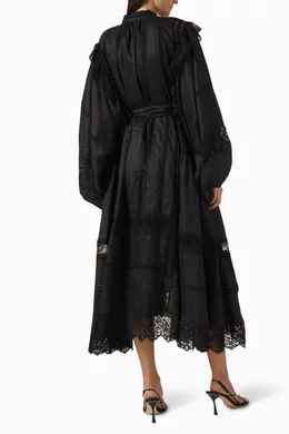 zimmermann crush lace billow dress ZIMMERMANN Luna Lace Billow Dress | Women's Silk Midi Gown with Long Sleeves | Black