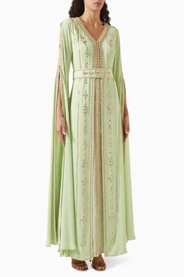 green emerald velvet dress Floral Printed Fabric Kaftan with Embroidered Belt – Maxim Creation
