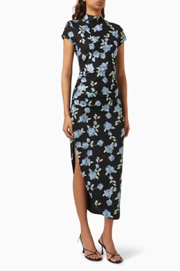 puff sleeve pleated midi dress Petal and Pup Women's Annette Puff Sleeve Shirred Midi Dress