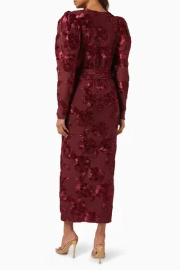 Buy Rotate Birger Christensen Burgundy 3D Floral Midi Dress in Mesh For  Women Online | Ounass Oman