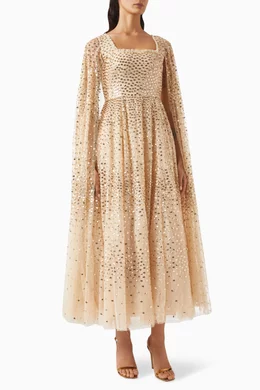 Buy Needle & Thread Gold Sequin-embellished Cape-sleeve Gown in Tulle For  Women Online | Ounass Oman