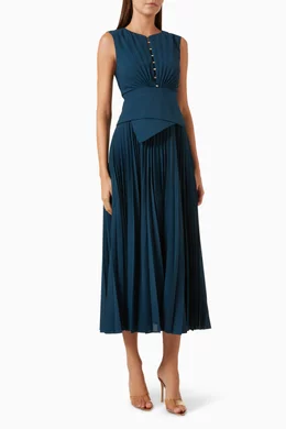 acler rhodes pleated midi-dress Introducing the 'Rhodes Midi Dress' in Sea. A sophisticated pleated  silhouette featuring an removable modesty panel on the bodice for  versatility.  Shop the collection online and in-store.    #Acler  #AclerFall24