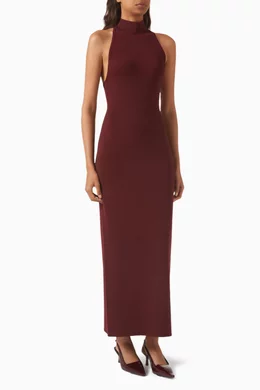 slim fit dress slacks Women Solid Maroon Halter Neck Flared Maxi Dress