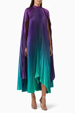 l ide eiffel cape pleated maxi dress Celeste  Elegant Modest Silhouette A delicately pleated skirt enhances fluidity and texture L'Idee Eiffel Cape Pleated Maxi