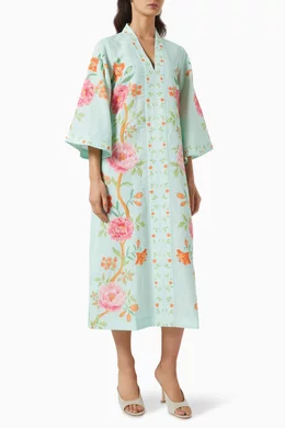 Buy Verandah Blue Floral Kaftan Midi Dress in Linen-blend For Women Online  | Ounass Oman