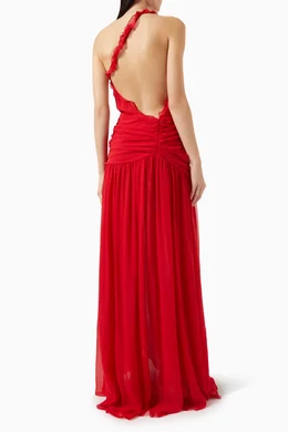 long sleeve dress with high slits Bright Red Long Sleeves V-neck High Slit Formal Dresses , CP0034